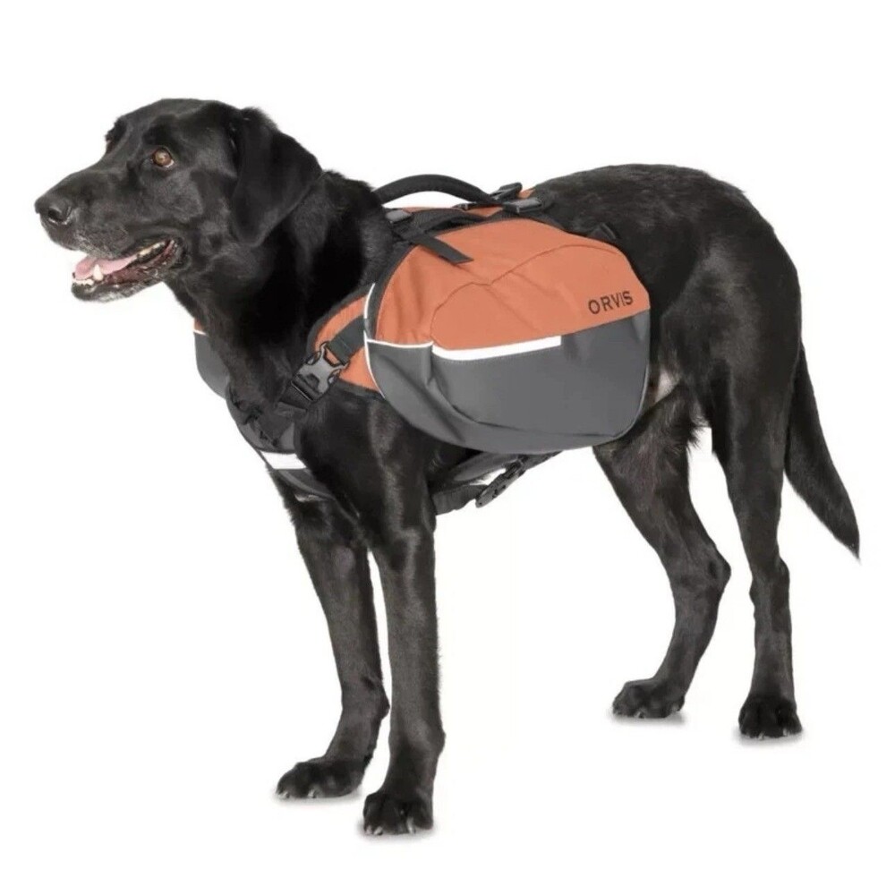 NWT Orvis Tough Trail Dog Saddlebag Hiking Backpack Pack Orange Grey Size L/XL